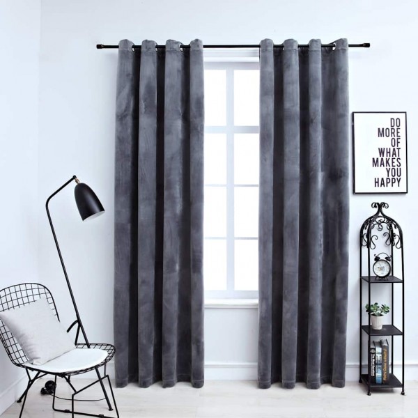 Кадифени завеси в цвят антрацит с метални халки, 2 бр., 140 x 225 см