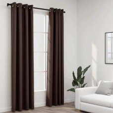 Завеси с ленена текстура в цвят таупе с метални халки, 2 бр., 140 x 225 см