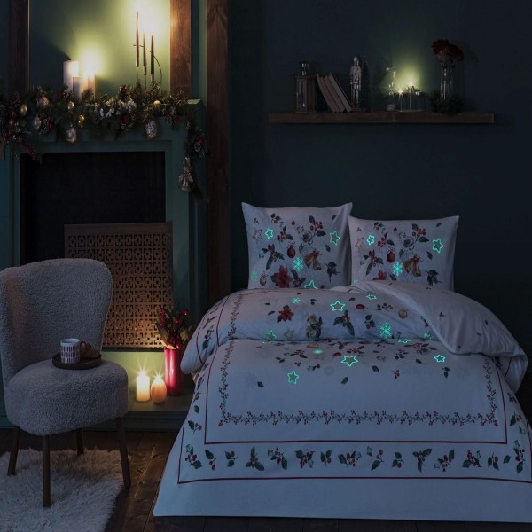 Светещ коледен двоен спален комплект с един плик Charm 100% памук
